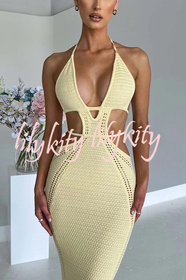 Effortlessly Cool and Sexy Knit Crochet Cutout Halter Tie-up Stretch Maxi Dress