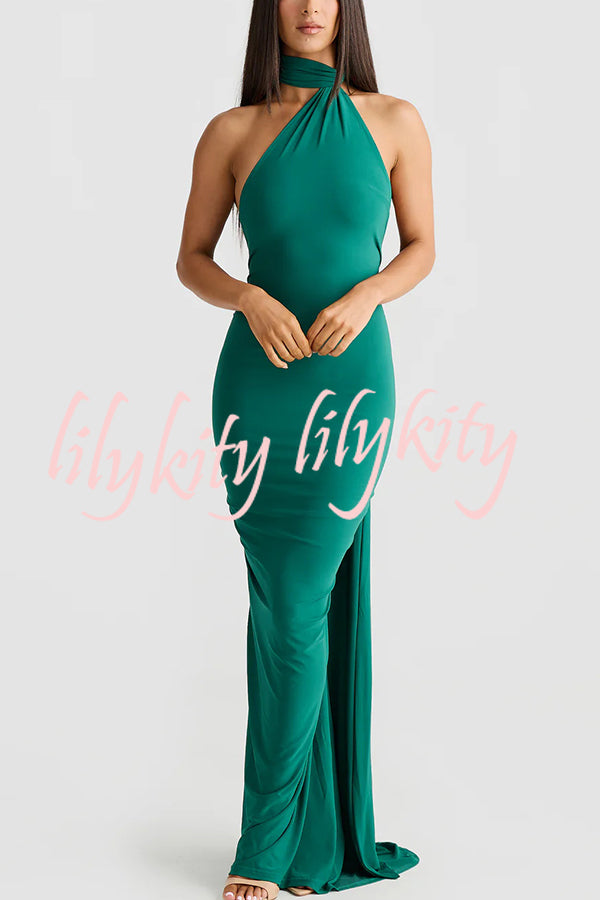 Sexy Backless Pleated Slim Solid Color Sleeveless Elegant Maxi Dress