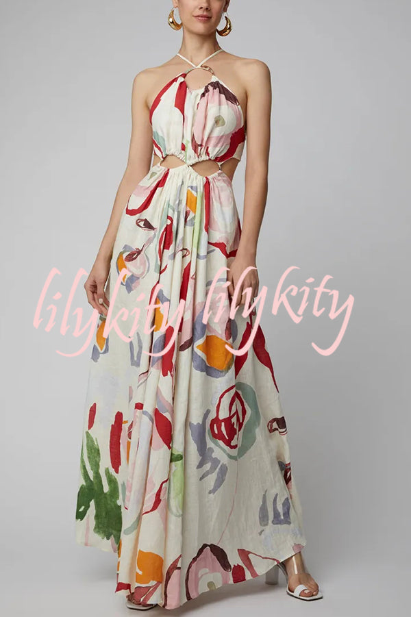 Unique Printed Cutout Backless Large Hem Maxi Dress