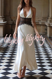 Seductive Details Satin Lace Waist Halter Tie-up Backless Maxi Dress