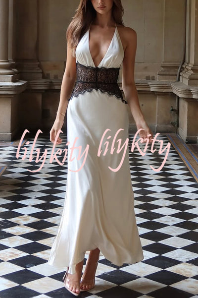 Seductive Details Satin Lace Waist Halter Tie-up Backless Maxi Dress