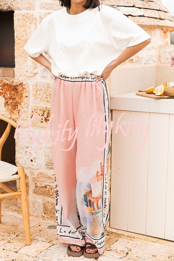 Unique Printed Elastic Waist Vacation Casual Wide Leg Pants