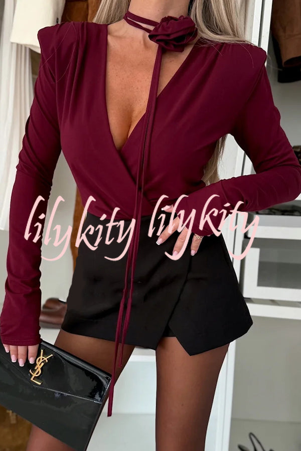 Toast To Midnight Solid Color V-neck Long Sleeve Slim-fit Bodysuit