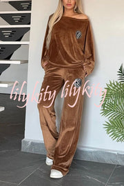 Solid Color Velvet Round Neck Bat Sleeve Casual Top and Elastic Waist Loose Pocket Pants Set