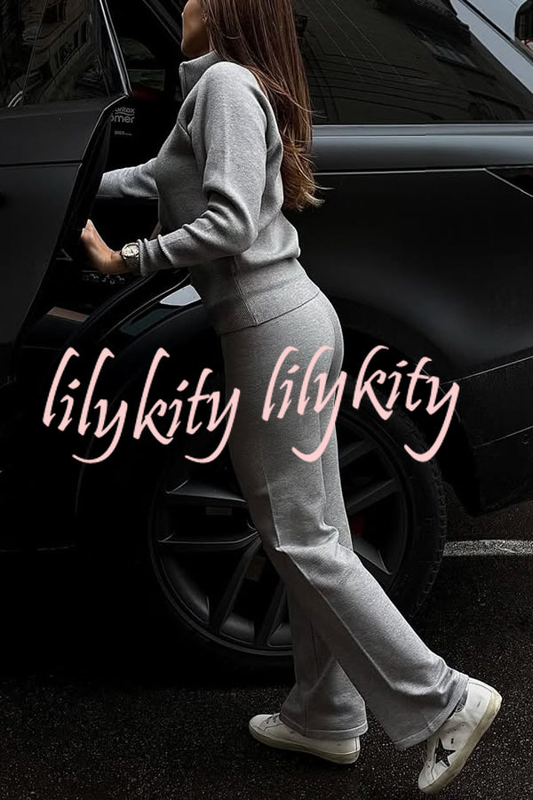 Cozycore Knit Zipper Long Sleeve Cardigan and Stretch Wide Leg Pants Set