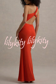 Sexy One-shoulder Backless Ribbon Pleated Slim Maxi Dress