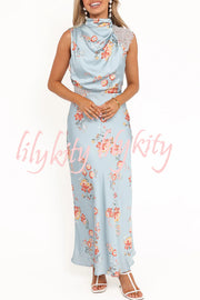 Anabelle Satin Lace Detail Floral Print High Cowl Neck Maxi Dress