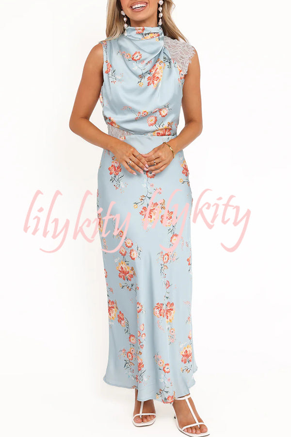 Anabelle Satin Lace Detail Floral Print High Cowl Neck Maxi Dress