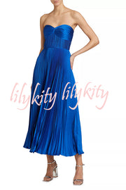Love Note Satin Sweetheart Twist Off Shoulder Pleated Maxi Dress