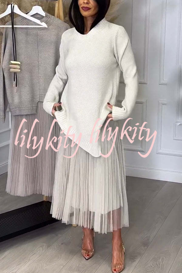 Jensine Ribbed Knit Long Sleeve Irregular Hem Loose Sweater