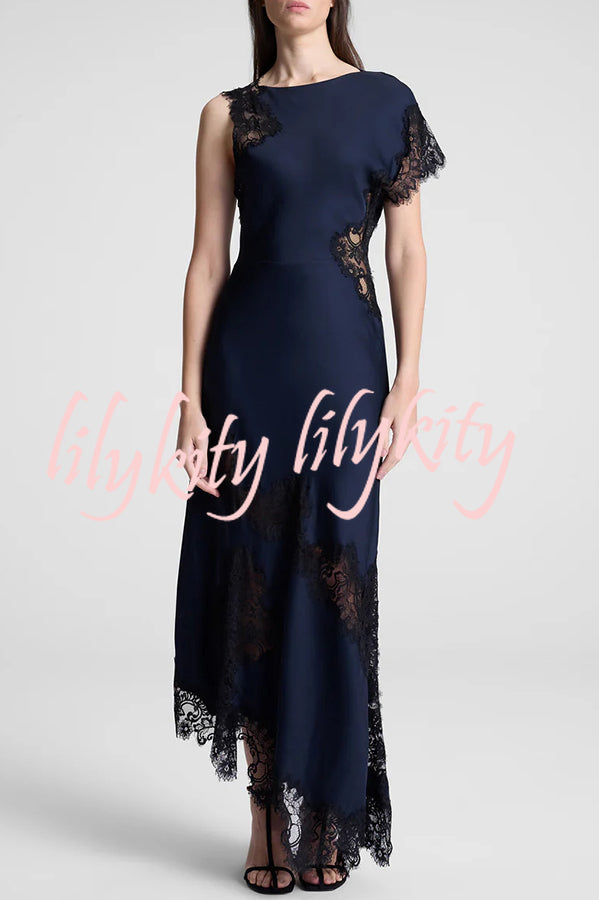 Paris Dream Satin Lace Trim Irregular Design Drape Maxi Dress
