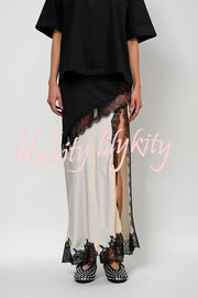 Party Focus Contrast Color Satin Lace Trim Elastic Waist Front Slit Maxi Skirt