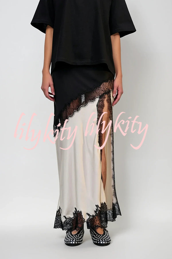 Party Focus Contrast Color Satin Lace Trim Elastic Waist Front Slit Maxi Skirt