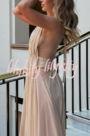 Ethereal Moment Tulle Cutout Ruched Waist Backless Halter Maxi Dress