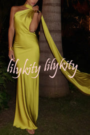 Crush on You Satin One Shoulder Backless Cape Maxi Dress