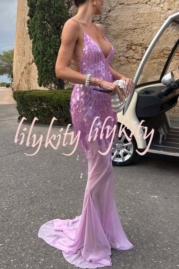 Perfect Night Sequin Embroidery Backless Drape Tulle Hem Slip Maxi Dress