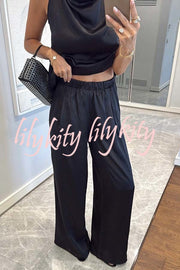 Classic on You Satin High Cowl Neck Top and Elastic Waist Pocket Loose Pants Set