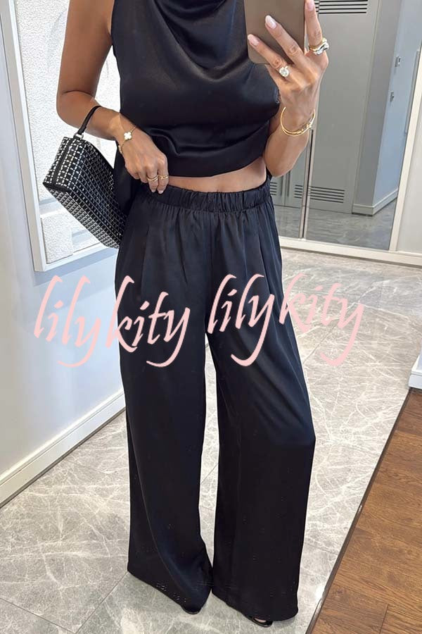 Classic on You Satin High Cowl Neck Top and Elastic Waist Pocket Loose Pants Set