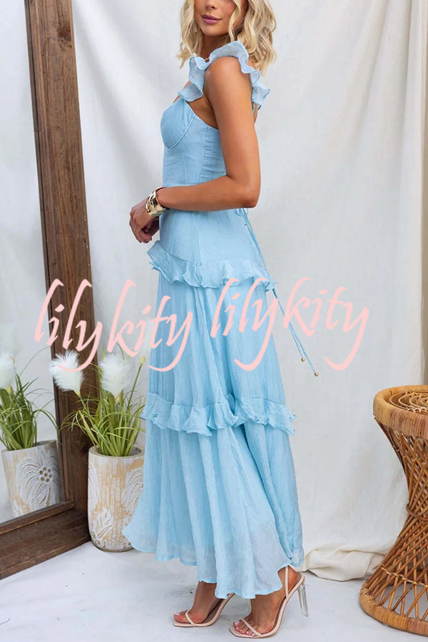Solid Color Halter Backless Tie Elegant Ruffle Maxi Dress