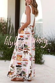 Holiday Style Holiday Print Casual Short-sleeved Shirt and Elastic Waist Loose Pocket Wide-leg Pants Set