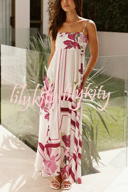 Botanical Print Halter Square Neck Pleated Loose Maxi Dress