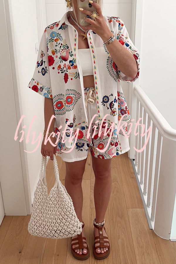 Linen Blend Floral Print Short Sleeve Loose Shirt and Elastic Waist Tie Casual Shorts Set