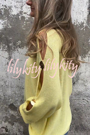 Solid Color Round Neck Hollow Long Sleeve Loose Knitted Sweater
