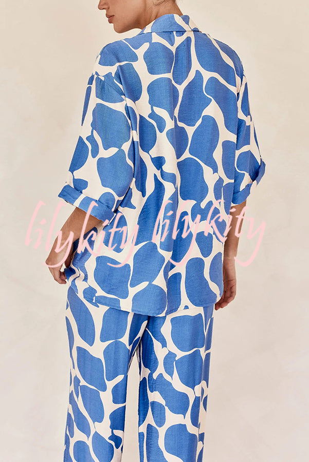 Lazy Beach Days Unique Print Short Sleeve Loose Shirt and Elastic Waist Pants Set