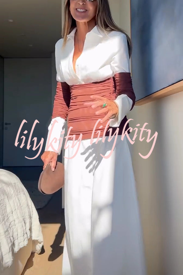 Fashionable Pleated Contrast Patchwork Waist Long Sleeve Button Shirt Maxi Dress