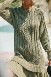 Delphine Knit Cable Textured Long Sleeve Pleated Chiffon Hem Sweater Mini Dress