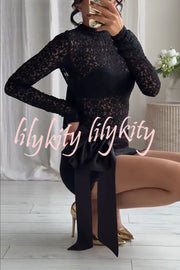 Anna Satin Bow Appliqué Mid Rise Lace Hem Mini Skirt