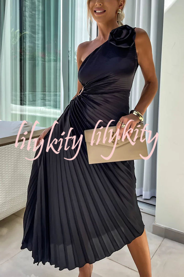 Romantic Nights Satin Raised Flower Elastic Cutout One Shoulder Pleated Maxi Dress