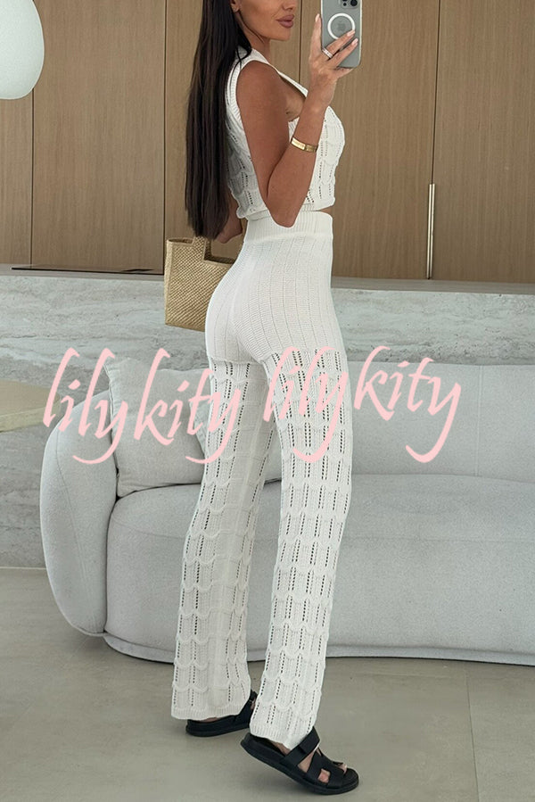 Solid Color Hollow Sleeveless Round Neck Knitted Vest and Stretch Casual Straight Pants Set