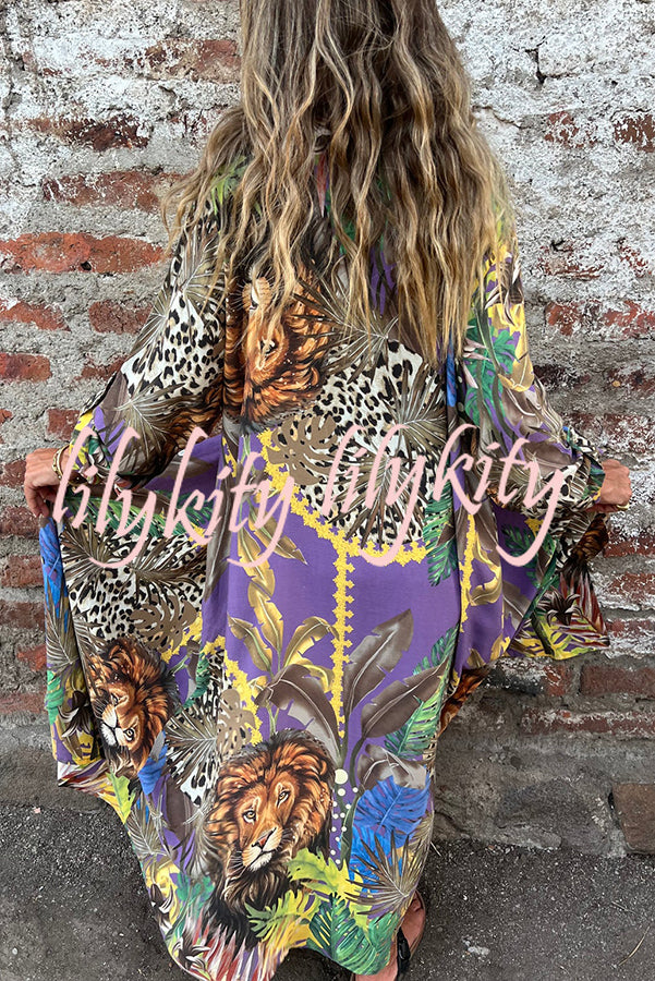 Jungle Miracle Animal Unique Print Button Long Sleeve Midi Relaxed Blouse