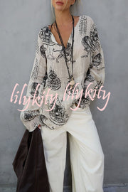 Natural Vibe Linen Blend Unique Print Long Sleeve Loose Shirt