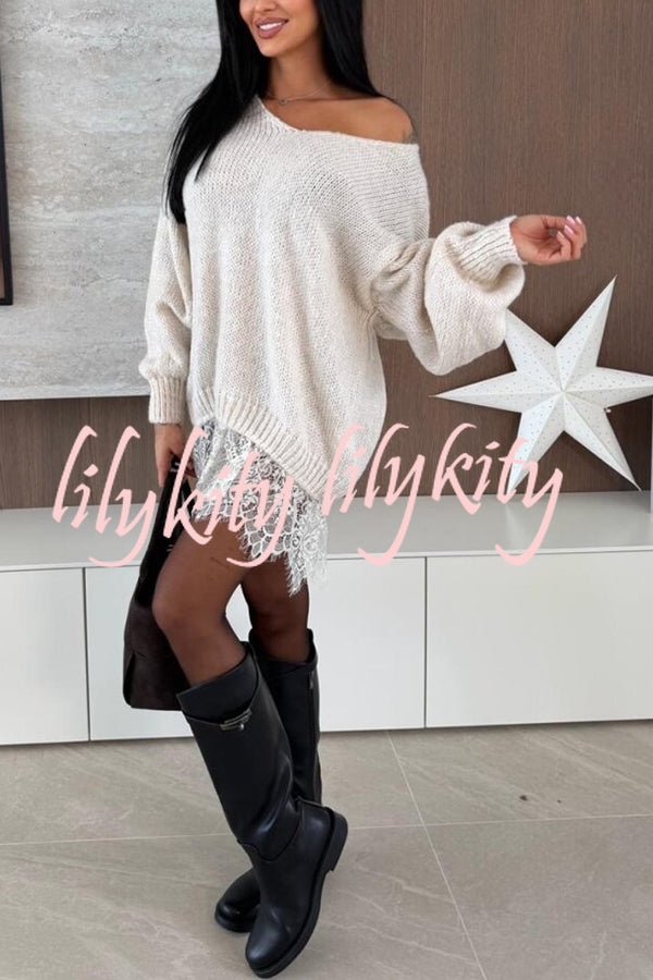 Comfy and Sweet Knit Lace Patchwork Hem Wide Neck Long Sleeve Loose Sweater
