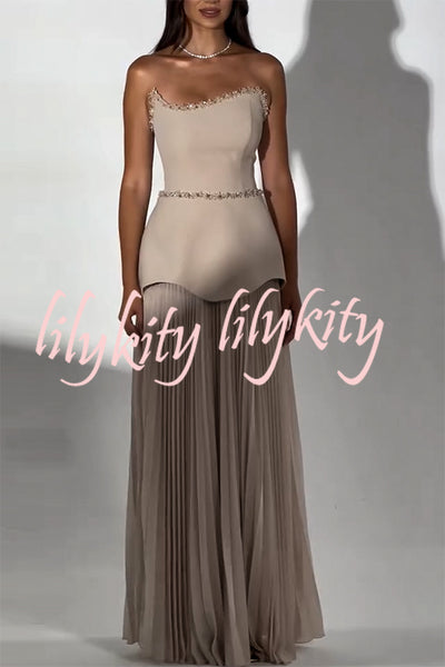 Capture The Moment Gem Trim Pleated Hem Strapless Maxi Dress
