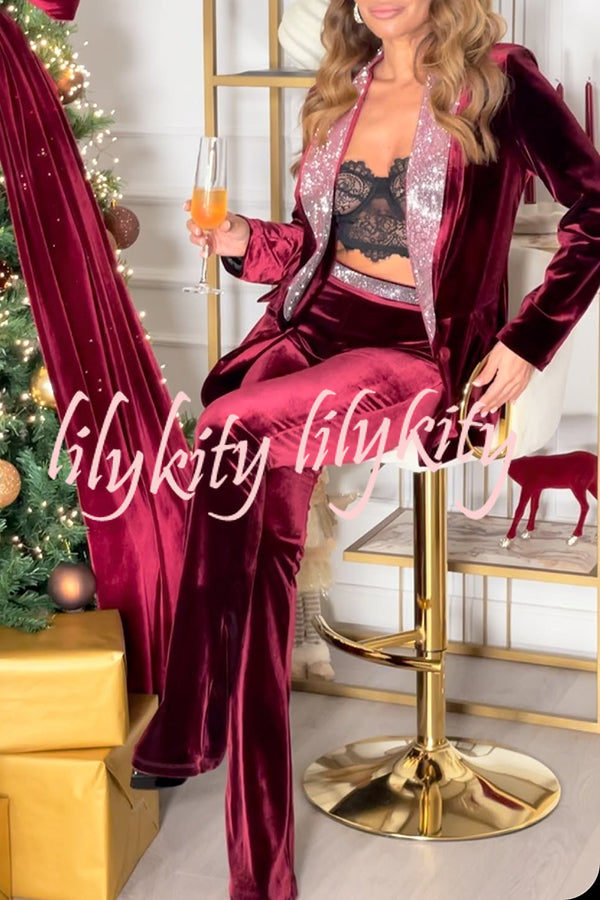 Cheer Tonight Velvet Glitter Trim High Rise Stretch Fiare Pants