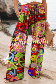 Colorful Printed Elastic Waist Drawstring Pocket Casual Pants