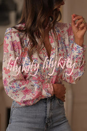Floral Print Long-Sleeved Button-Up Elegant Shirt