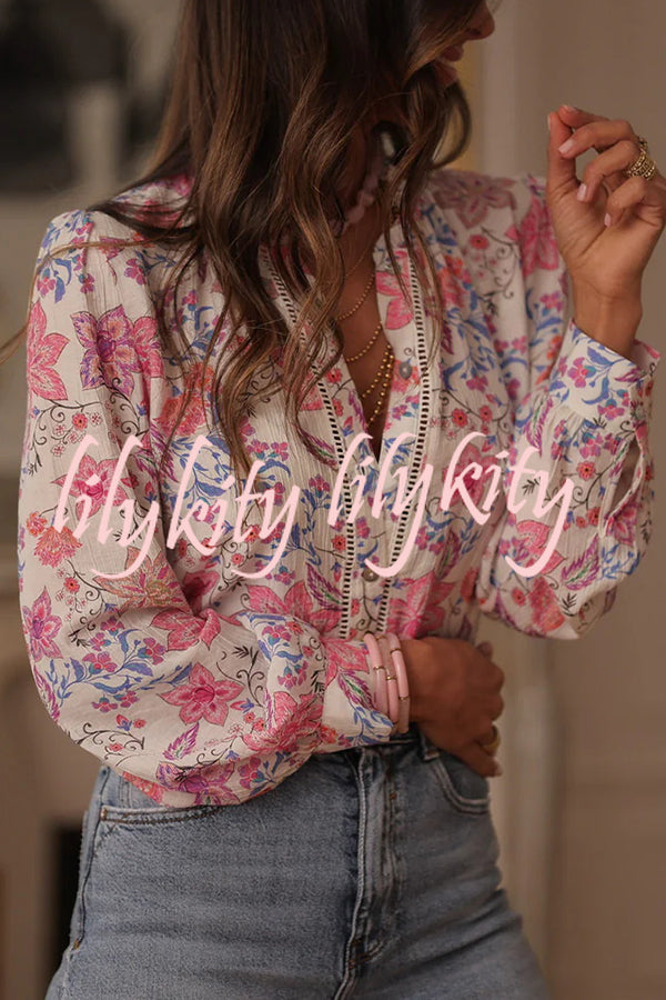 Floral Print Long-Sleeved Button-Up Elegant Shirt