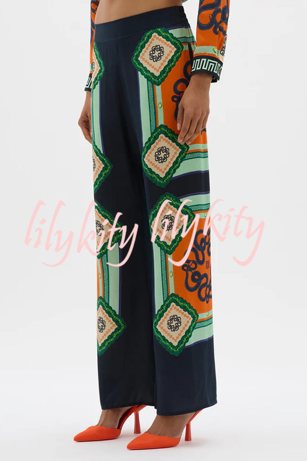 Vacation Times Satin Unique Print Elastic Waist Pocketed Wide Leg Pants