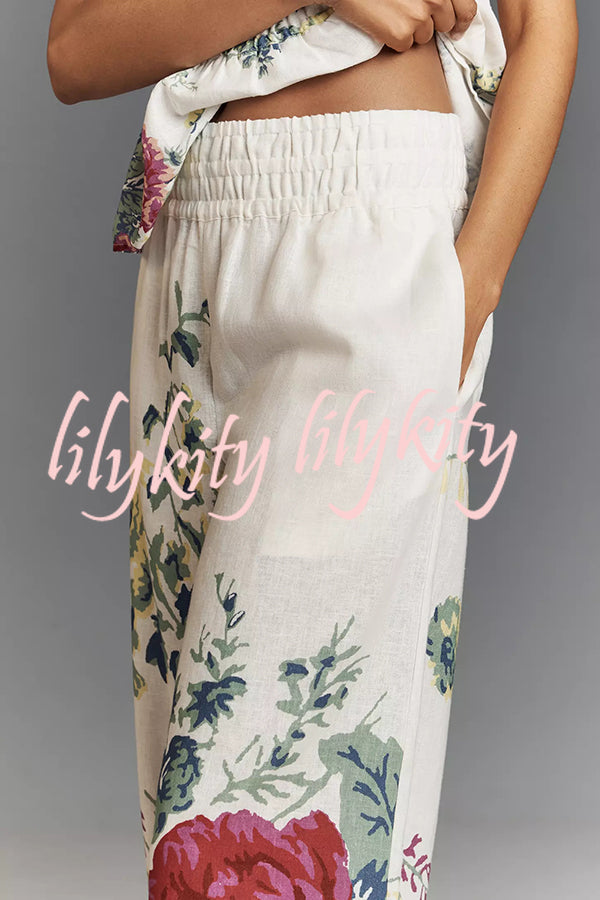 In To The Summer Linen Blend Floral Print Elastic Bandeau and Elastic Waist Pocket Loose Pants Set
