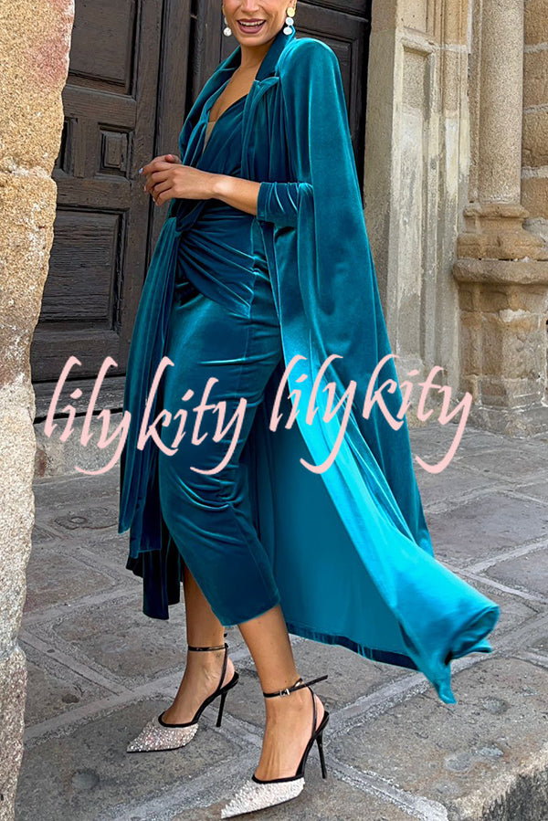 Elisabeth Luxurious Velvet Padded Shoulders Long Sleeve Twist Waist Drape Midi Dress