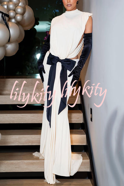 Sexy Open Back Bow Embellished Elegant Fishtail Maxi Dress