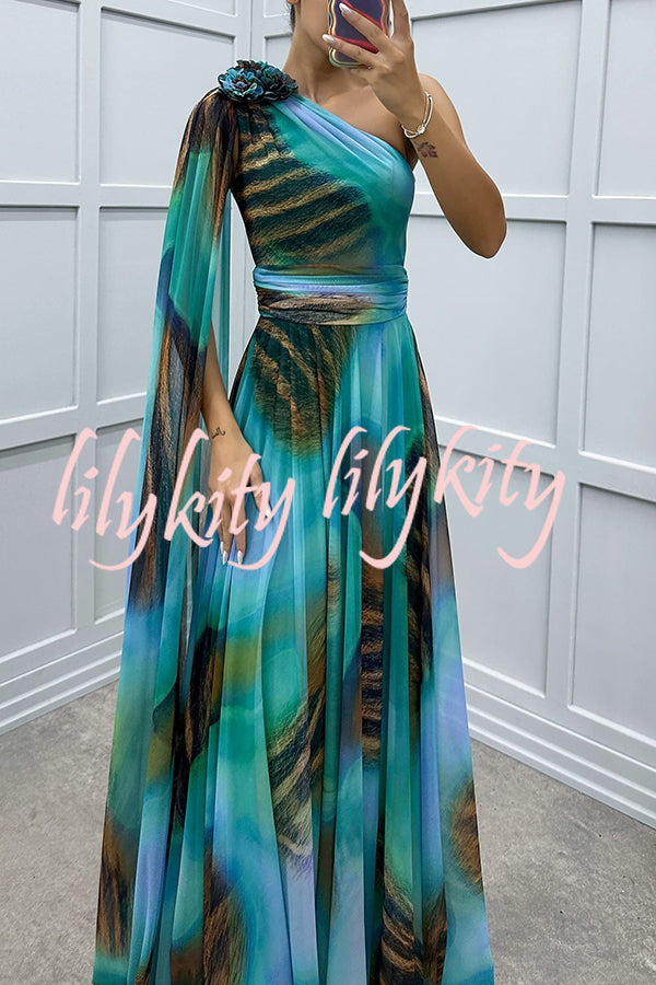 Lucia Unique Print Floral Detail One Shoulder Draped Sleeve Gown Maxi Dress