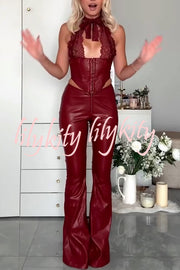 Style Challenge Stretch Faux Leather Lace Halter Tank and Zipper Waist Flare Pants Set