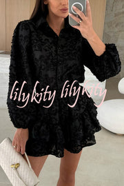 Unique Lace Texture Fabric Balloon Sleeve Blouse and Elastic Waist Layered Skirt Set