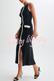 Elegant Slim Fit Crew Neck Buttoned Sleeveless Knit Midi Dress