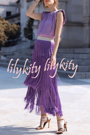 Elegant Tassel Hem Elastic Waist Casual Maxi Skirt